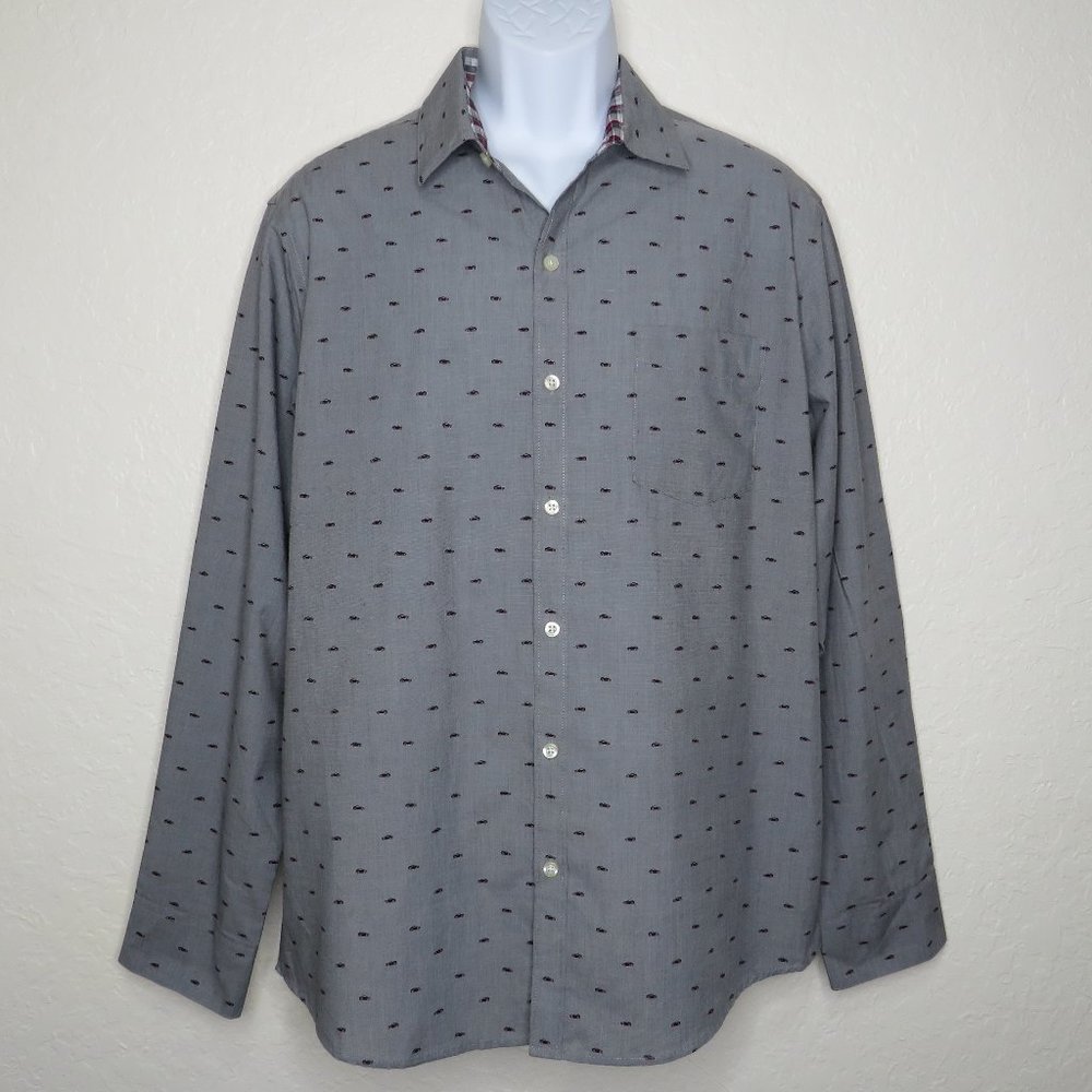 Van Heusen* Men's Long Sleeve Button Down Curved Hem Car Print Shirt~ Size Large